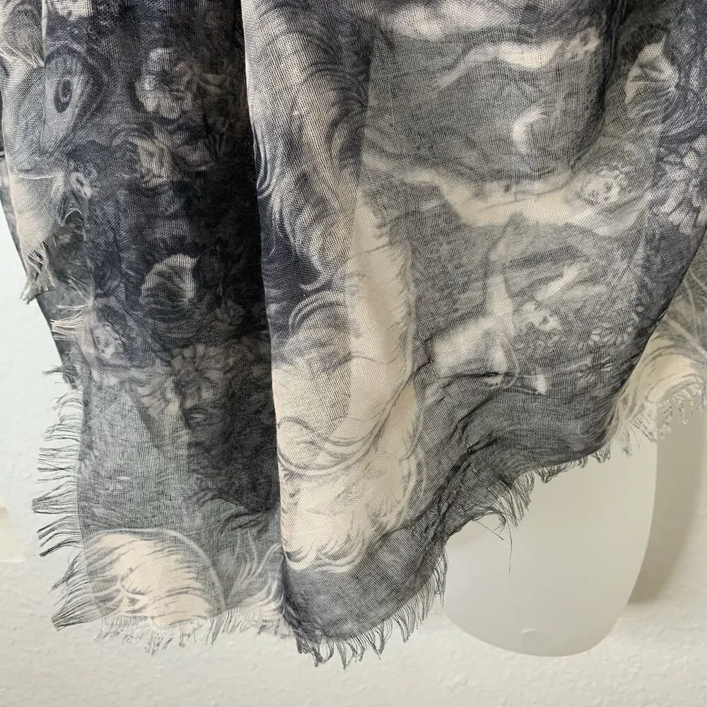 Maison Scotch Mythological Cherubs Scarf Wrap Black Beige Art Renaissance Sheer